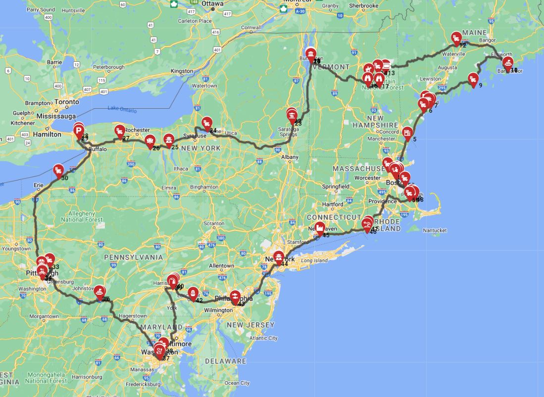 Boston full 21 days motorhome trip route with an RV